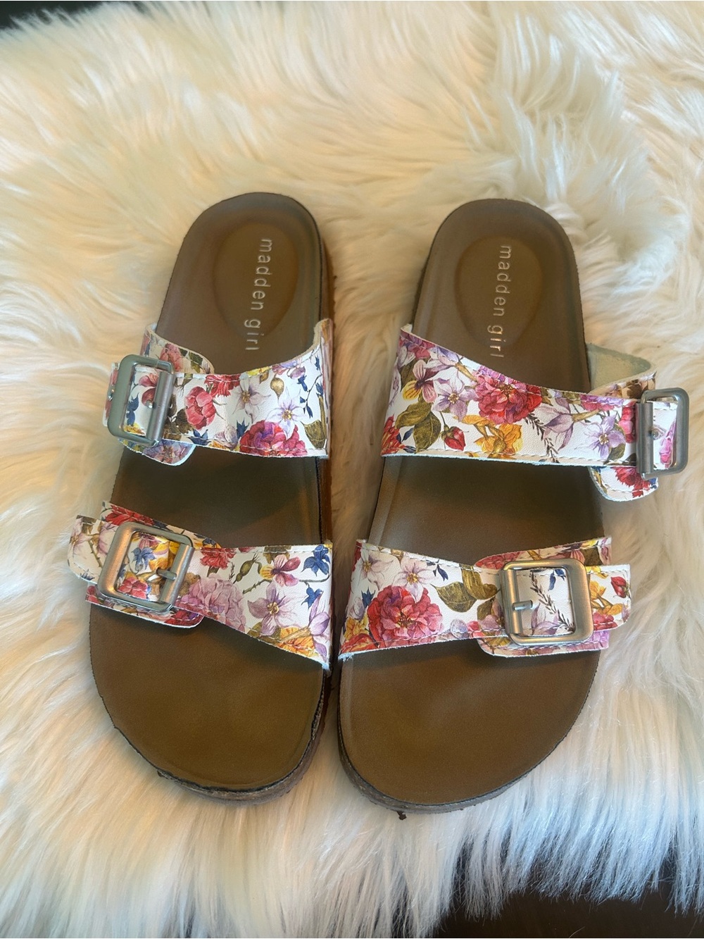 Madden Girl White Floral Double-Buckle Slide Sandals